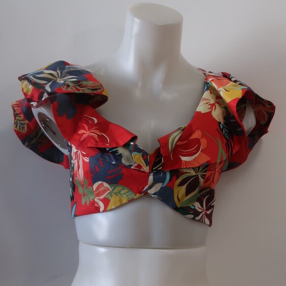 Women Alexis Camille Red Multicolor Floral Cold Shoulder Calypso Crop Top S - Picture 7 of 11